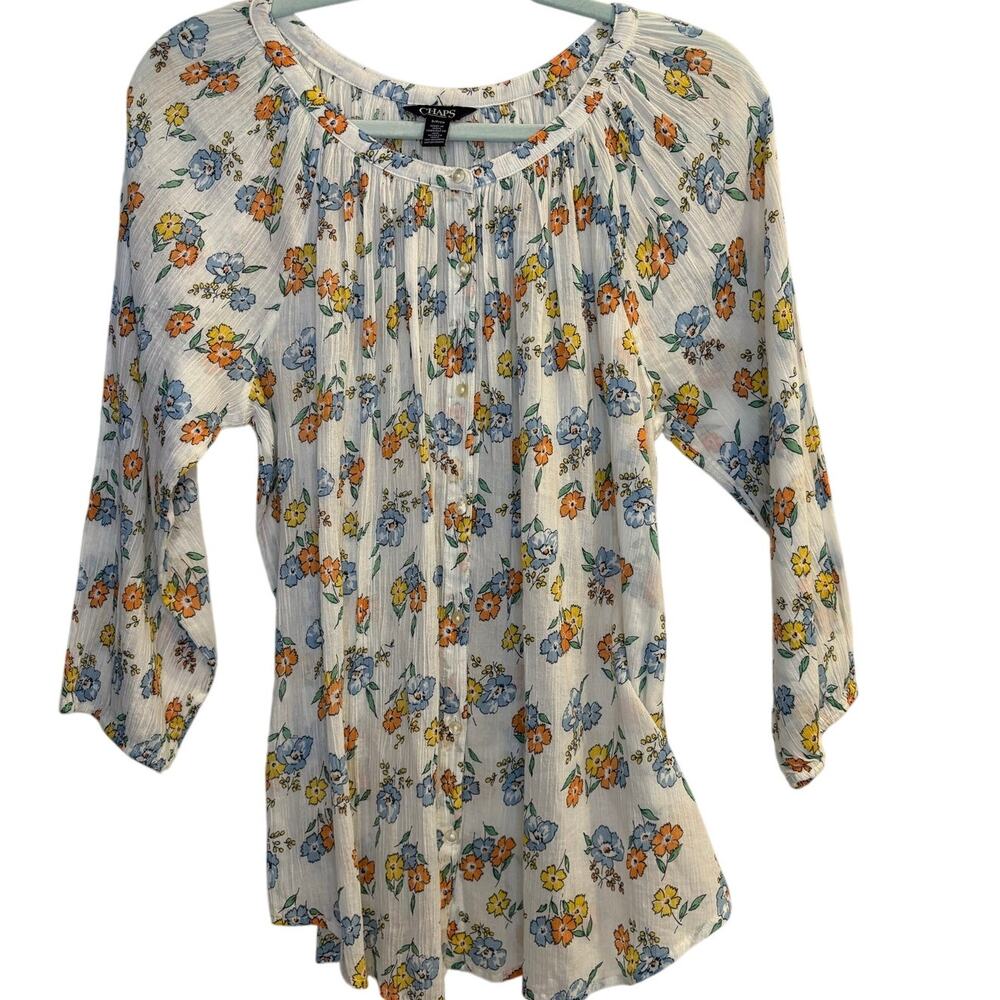 Chaps Floral Peasant Blouse White Blue Orange Button Down 3/4 Sleeve Small